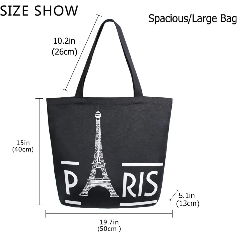 Stylish Eiffel Tower Paris Pattern Extra Large Canvas Shoulder Tote Top Storage Handle Bag for Gym Beach Weekender Travel