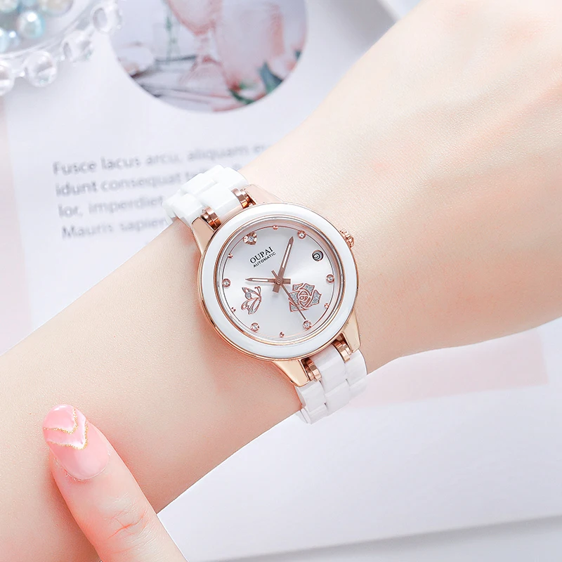 OUPAI round dial ceramic watch, women's  rhinestone scale, exquisite temperament, women's watch, calendar, fashion and casual