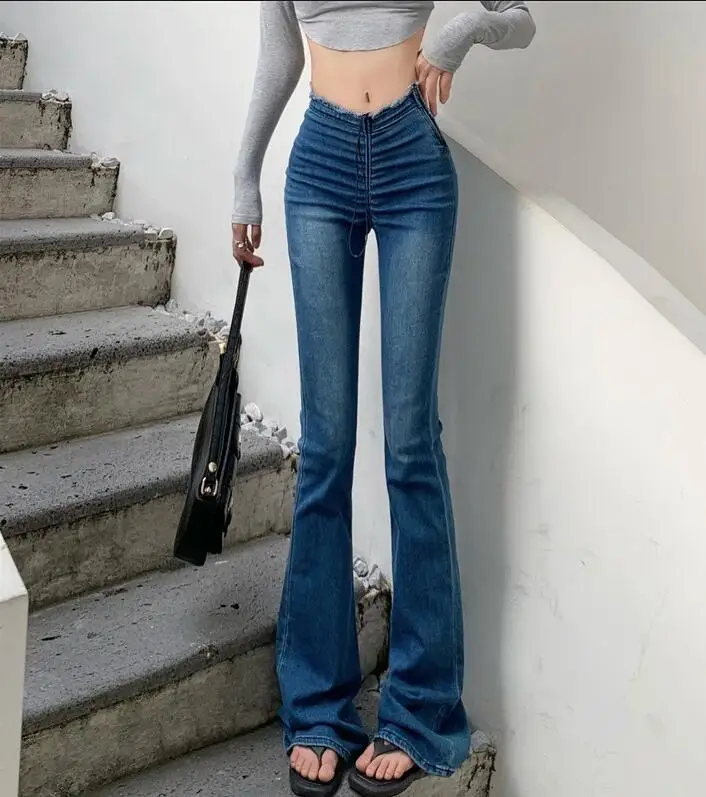 Autumn New Sexy Hot Girl High Waisted Elastic Drawstring Micro Horn Denim Pants For Women s779