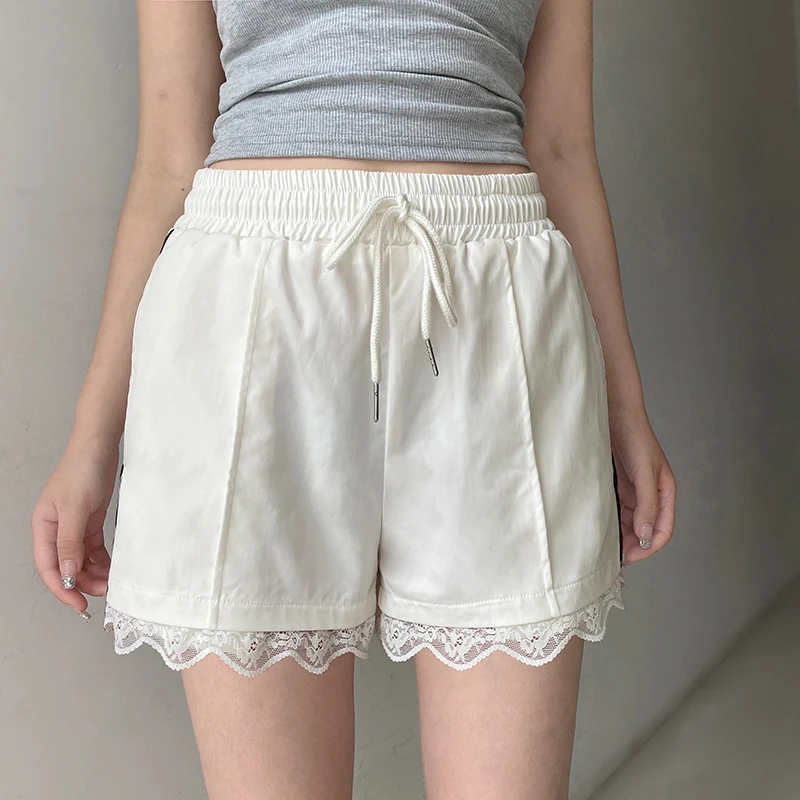 Darlingaga Casual Stripe Lace Spliced White Women Shorts Drawstring Elastic Waist Korean Style Homewear Summer Short Pants Hot