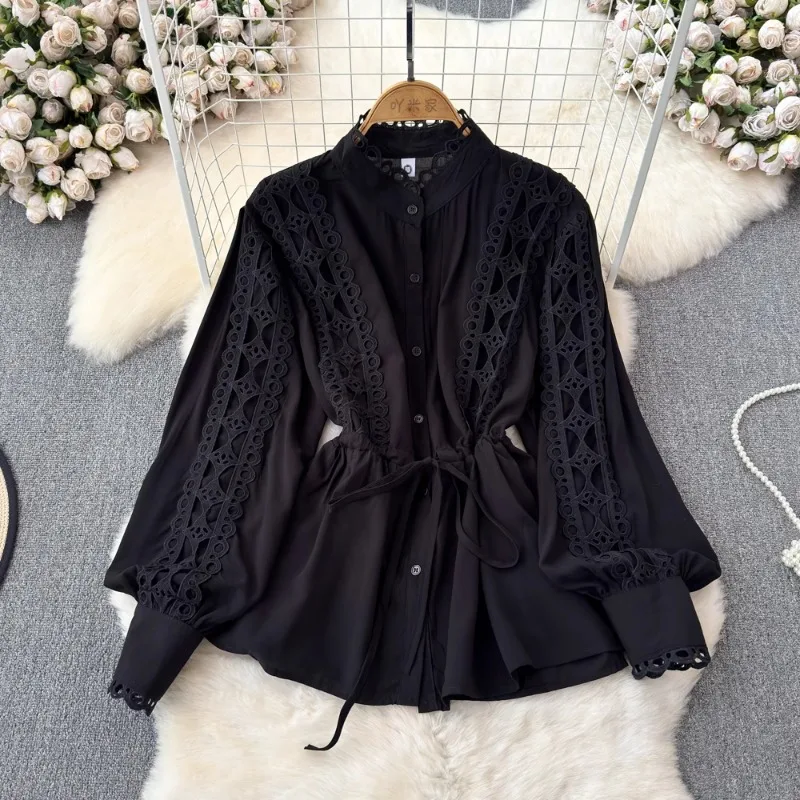 Neploe Elegnt Viintage Stand Collar Shirts Women Spring New Slim Waist Lace Up Blouses Y2k Long Sleeve Hollow Out Blusas Mujer