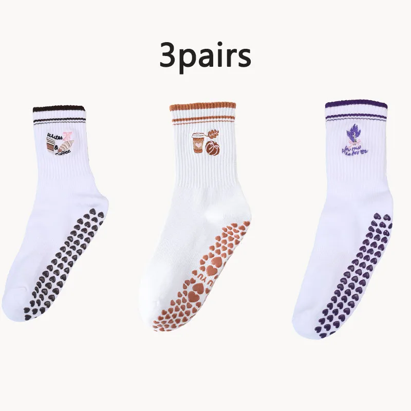 

3 Pairs Pack Coffee Dessert Non-Slip Mid-Calf Socks Healing Home Yoga Floor Socks