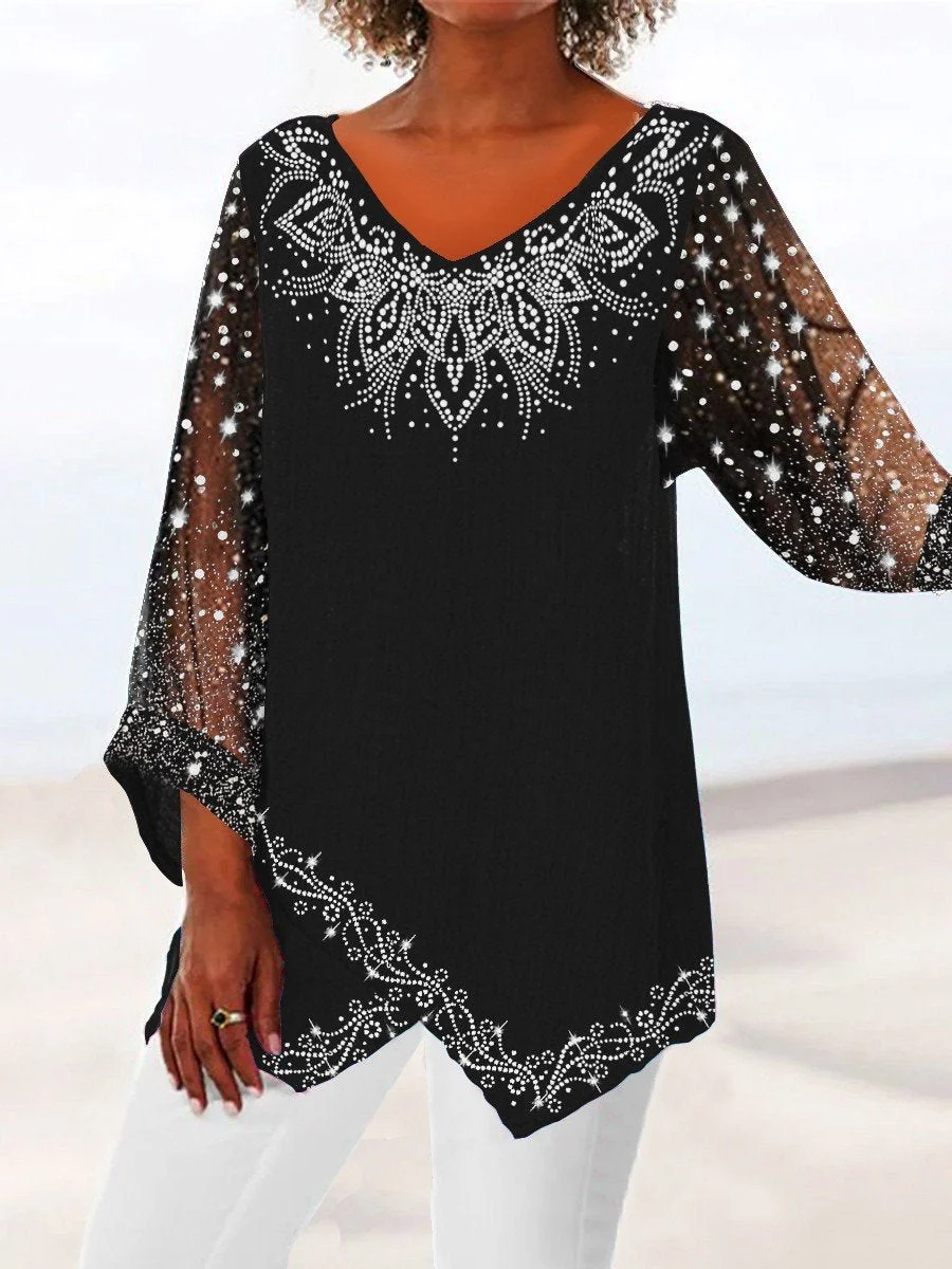 Plus Size Summer Lace Sexy t-shirt top asimmetrico 3/4 manica con scollo a v Solid Floral Lace Pullover Streetwear 2024 Fashion