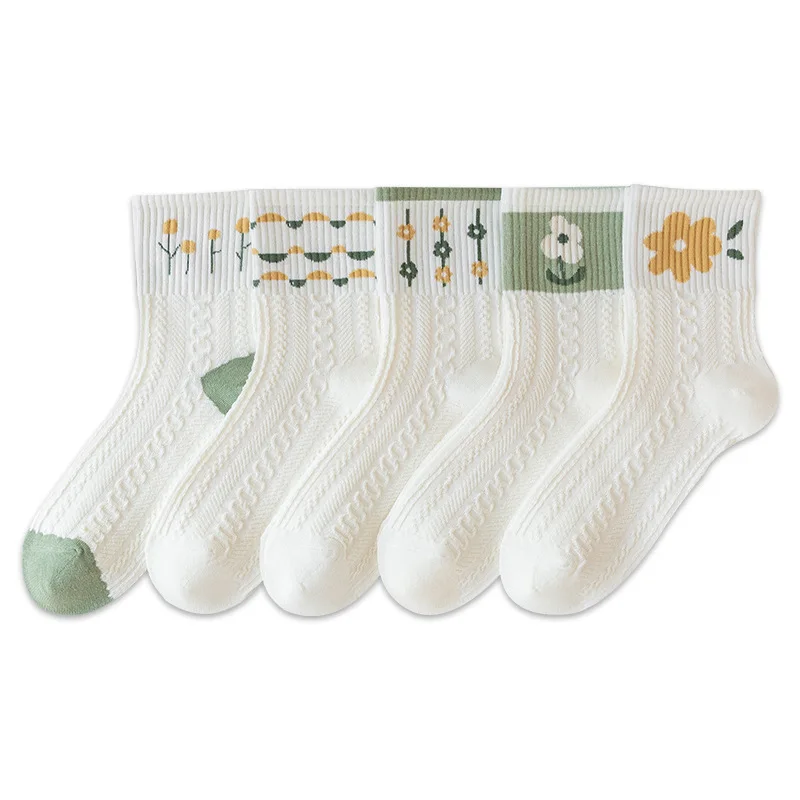 Girls Short Socks 5 Pairs Cute Medium Flowers Print Sweet Style Skin-Friendly Comfortable And Breathable Pure Cotton For All Sea