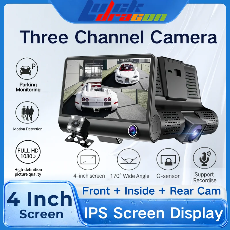 Triple Lens Front Interior Rear Dash Cam HD Night Vision Reverse Image Parking Monitor G-Sensor Camera 170 Degree Wide-Angle DVR