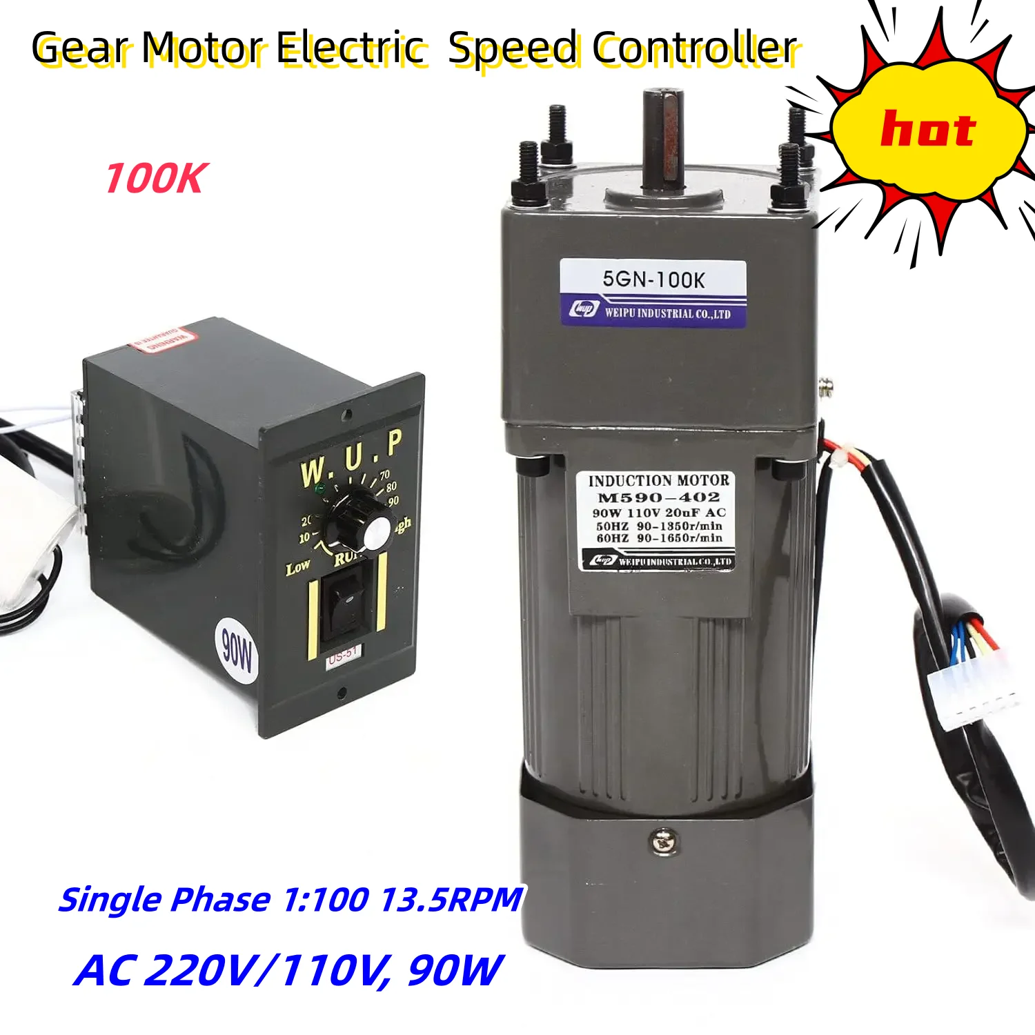 Controlador de Velocidade Elétrico do Motor da Engrenagem ca Assíncrona 220v 110v 90w com Regulador Monofásico 1:100 135 Rpm