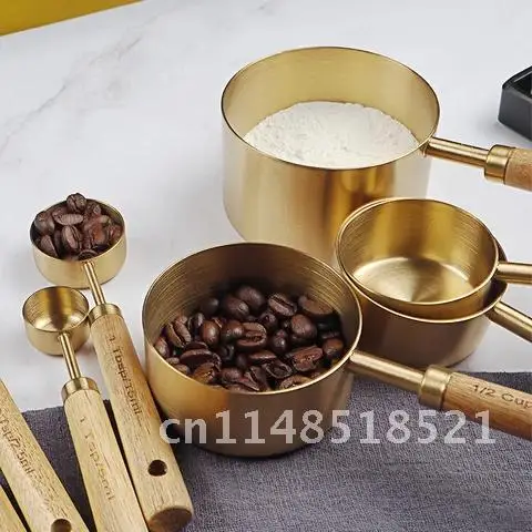 4/8pcs Stainless Steel Measuring Cups And Spoons Wooden Gold Food Coffee Flour Scoop Kitchen Scale Baking Cooking Gadget Sets