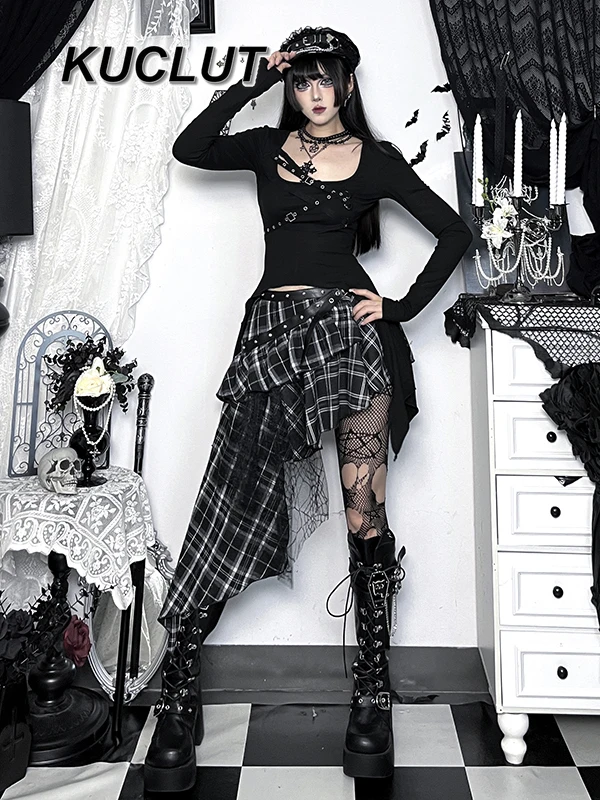 

Женские комплекты из двух предметов в уличном стиле для девочек, топ с длинными рукавами в стиле пэчворк в темном готическом стиле и клетчатая юбка, весна-осень