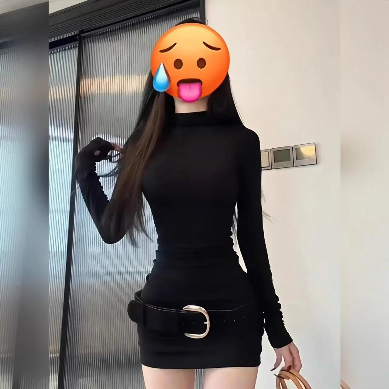 Neues Kleid mit Basisschicht, schlankmachendem und figurbetontem Minirock, schwarz, elegant, halbhoher Kragen, langärmliges Kleid für Damen.
