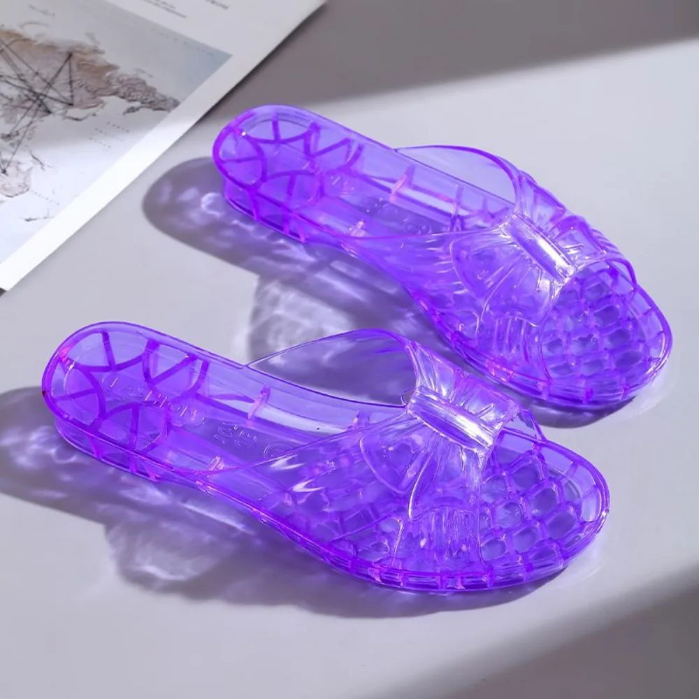 

Простые прозрачные тапочки из ПВХ с кристаллами, шлепанцы на низком каблуке с открытым носком, сандалии, пляжная одежда, нескользящие тапочки на плоской подошве, женские летние