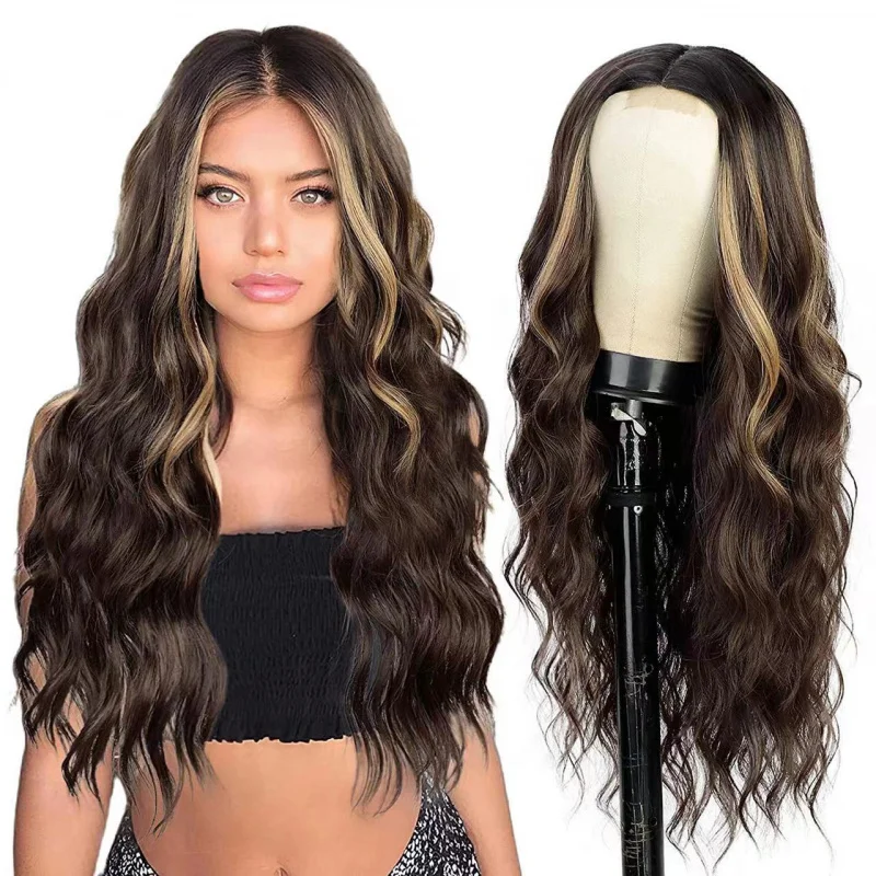 

Forehead Lace Wig European and American Women's Wig Long Curly Wig Synthetic Water Wave Wig with Bangs