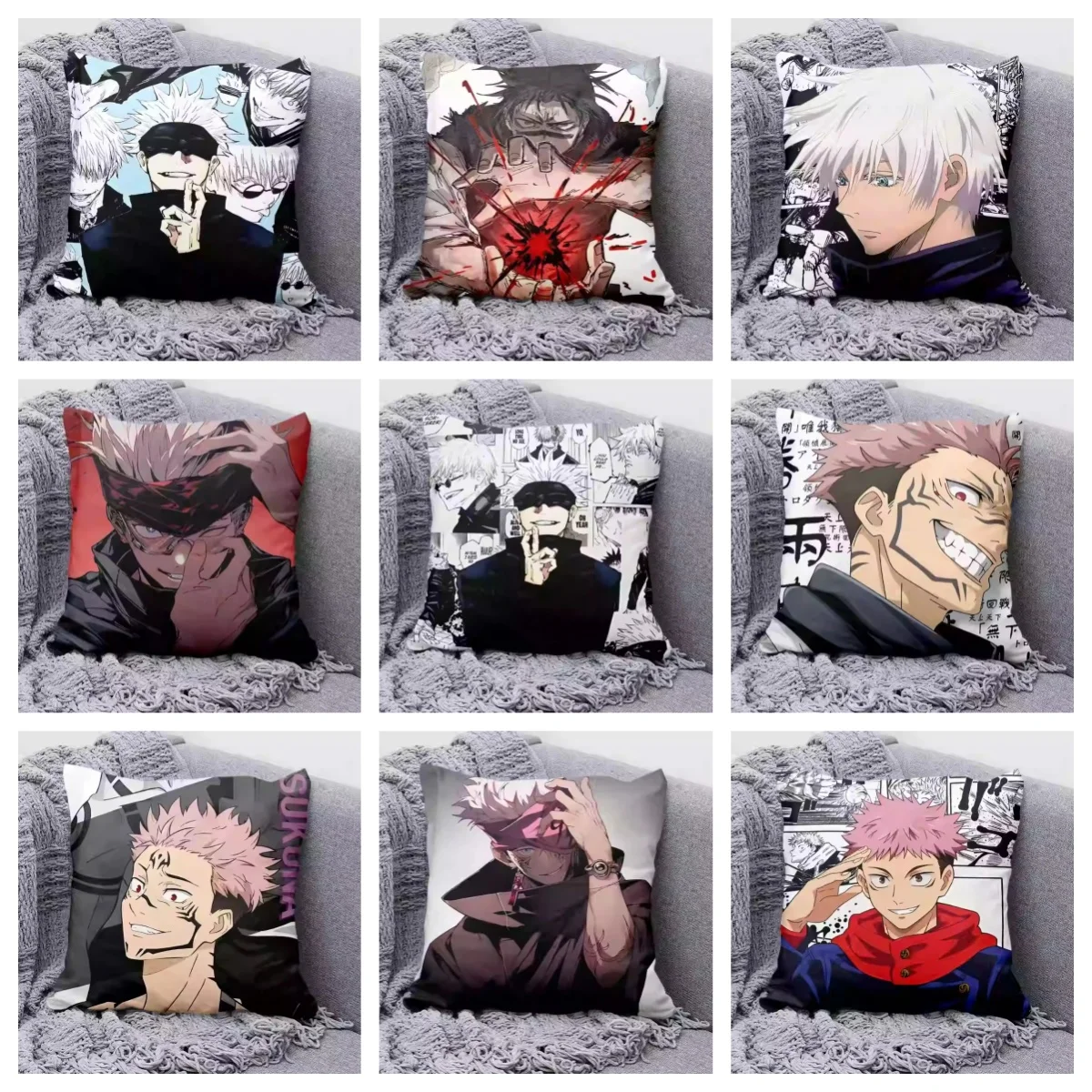 1 Stück Jujutsu Kaisen Kissenbezug, Polyester, 2D-Doppelseitiger Druck, Gojo Satoru Itadori Yuji Kissenhülle, dekorativer Überwurfkissenbezug