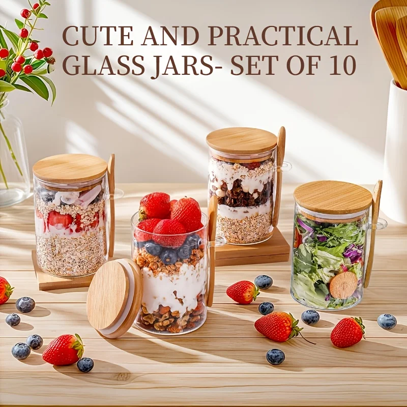 

10pcs Glass Jars with Lids & Spoons-Airtight Sealed Containers Suitable for Spices, Salt,Sugar Storage,Lid & Spoon Lid