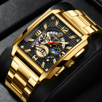 New Fashion Casual Watch Men Rectangular Dial Gold Sport 30M Waterproof Quartz Wristwatches Auto Date Clock Relogio Masculino