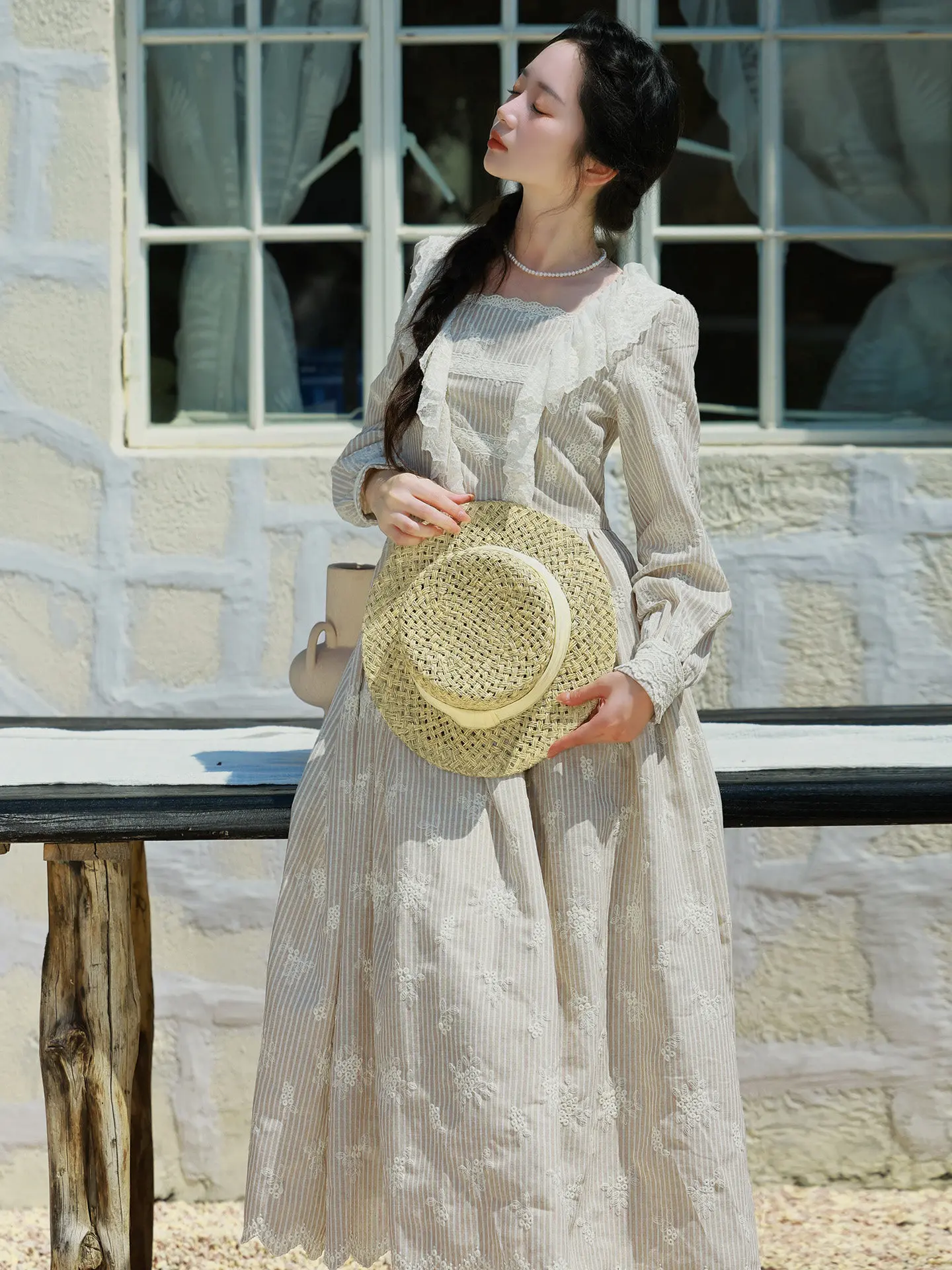 티이하일리 봄 가을 여성 베이지 자수 드레스 긴팔 롱 미디 기장 여성용 S-L 빈티지 하이웨이스트 2026 코튼 레이스