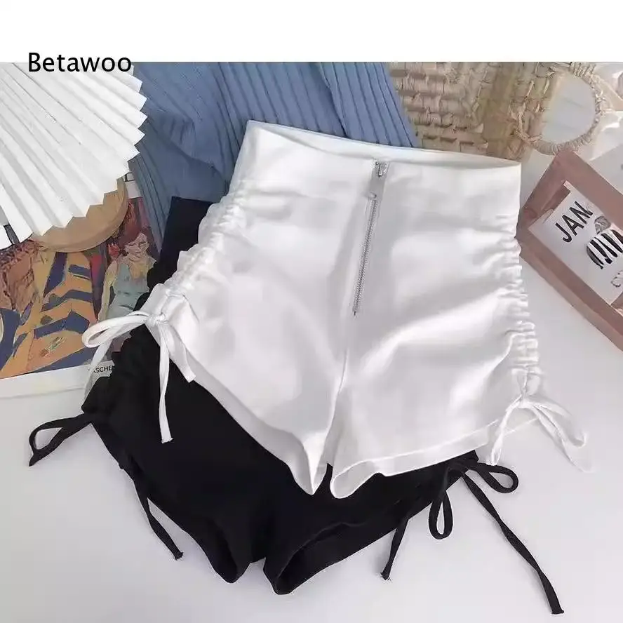 Women High Waist Front Zipper Shorts Side Drawstring Ruched Slim Fit Casual Short Pants