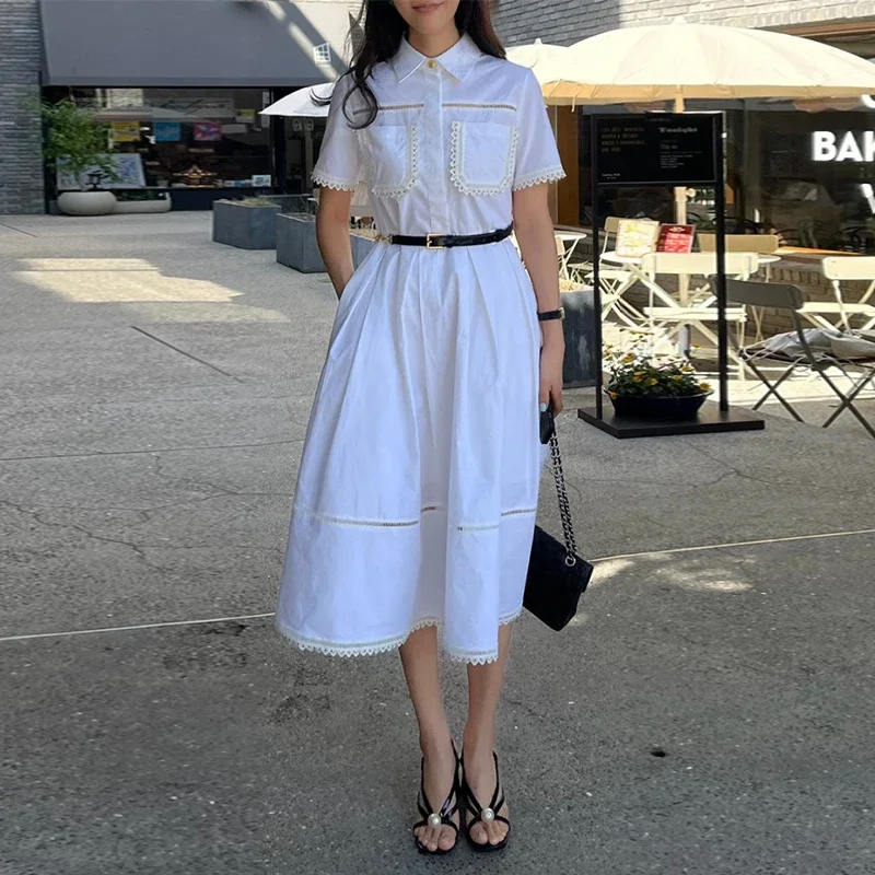 French Gentle Hook Flower Elegant Vestidos Lace Lapel Short Sleeve Dress Female 2024 Summer Chic New Retro Waist Slim Skirt