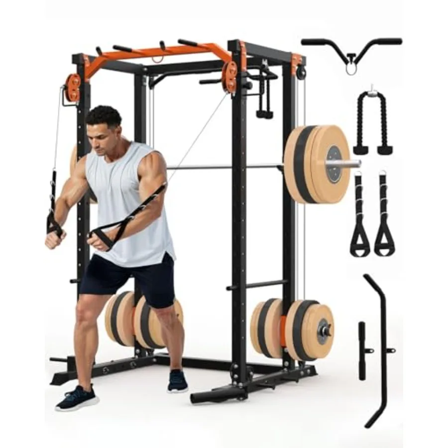 Home gym power cage with cable crossover and LAT pull-down system, steel construction, red black, 2000 lbs capacity for strengt