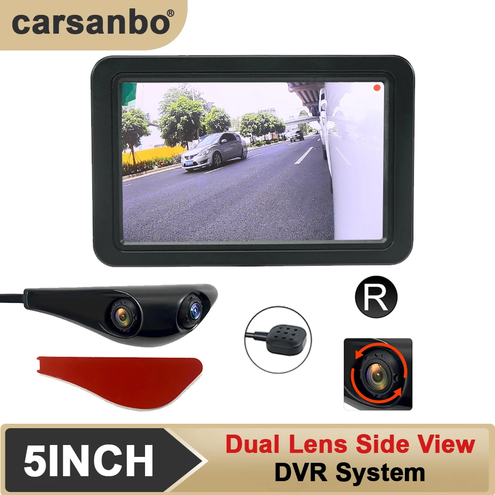 Carsanbo Car Internal Dual Lens 5 Inch Side View DVR Mirror Digital Display Monitor Blind Spot Camera With Button switch CH1/CH2