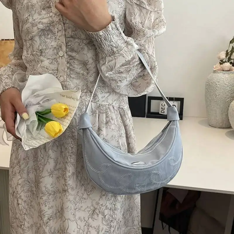 Bloom Hot Girls Pink Underarm Bag Purse Women Retro Sweet Cool Embroidered Y2k Hobos Bags Ladies Vintage Half Moon Handbag