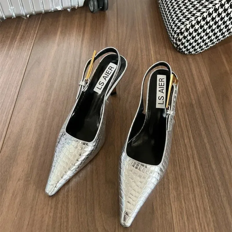 Sexy Silver High Heel Shoes for Women 2024 New Leather Summer Pumps Woman Thin Heels Slingback Shoe Pointed Pumps Traf