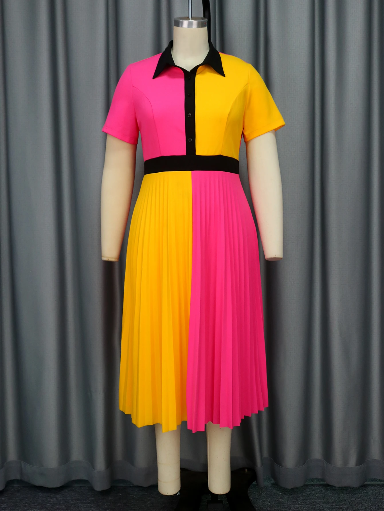 Rose Yellow Casual Midi Dresses Short Sleeve Turn Down Collar Button Up Patchwork Women Office Evening Party Pleated Dress