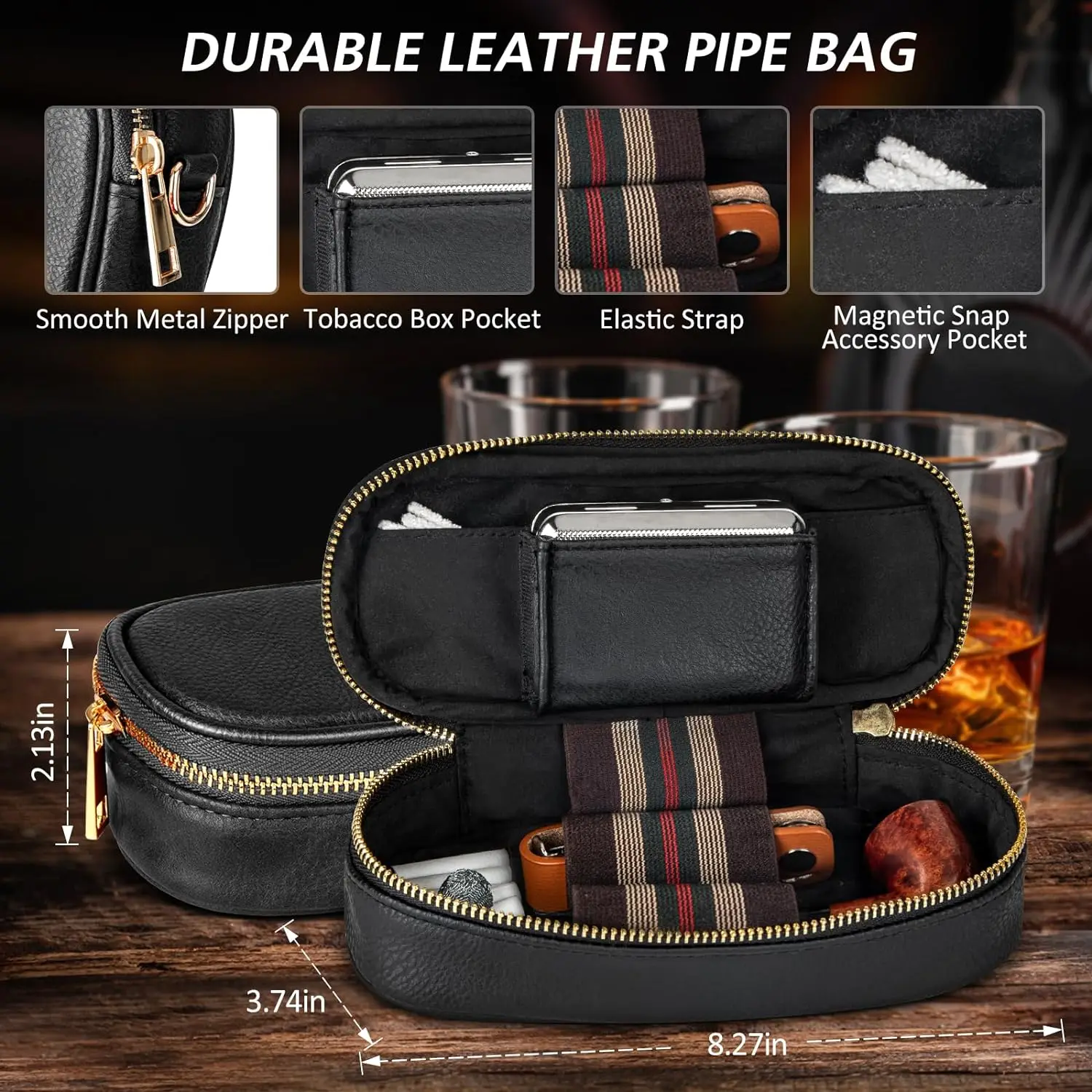 PU Leather Smoking Pipe Set, 4 in 1 Pipe Stand, Screens,Pipe Cleaners,Pipe Bit and Small Box,Wood Pipe Accessories