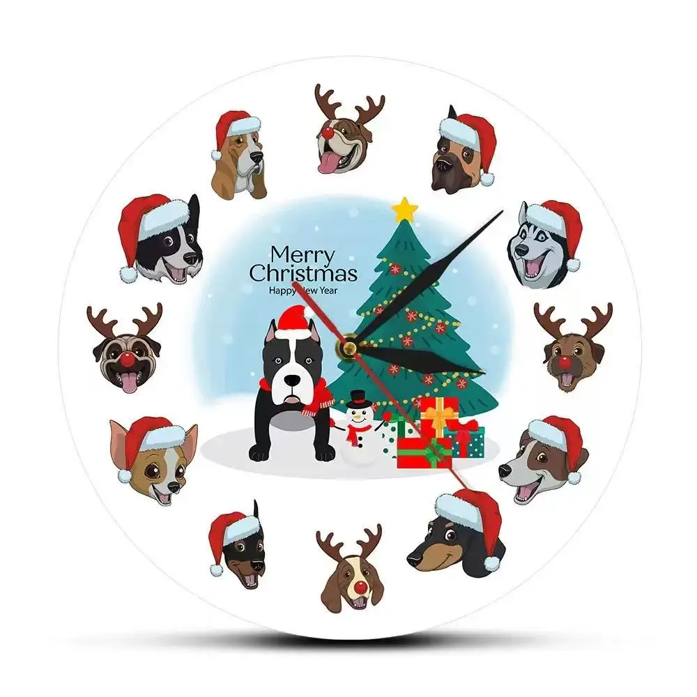 Merry Christmas Dog Wall Clock - Cute Cartoon Santa Dogs & Christmas Tree Design Silent Quartz Watch for Home Living Room Festiv