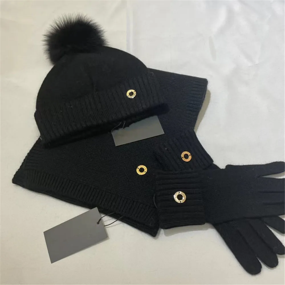 Winter Warm Wool Knitting Set Fox Fur Hat Gloves And Scarf Men and Women Cold Three-Piece Set Of L*P