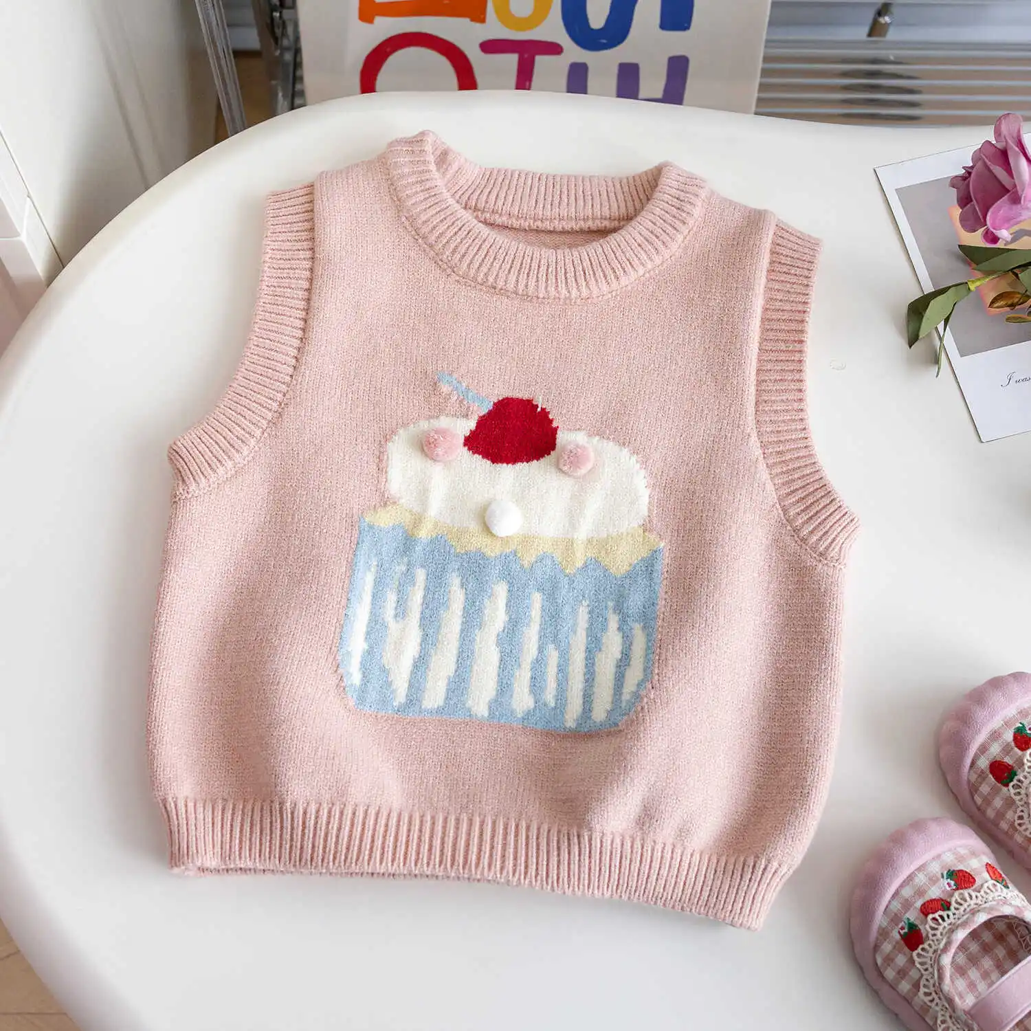 Baby Girl Cartoon Knitted Sweater Vest Infant Toddler Child Waistcoat Knitwear Sleeveless Spring Autumn Baby Clothes 1-7Y