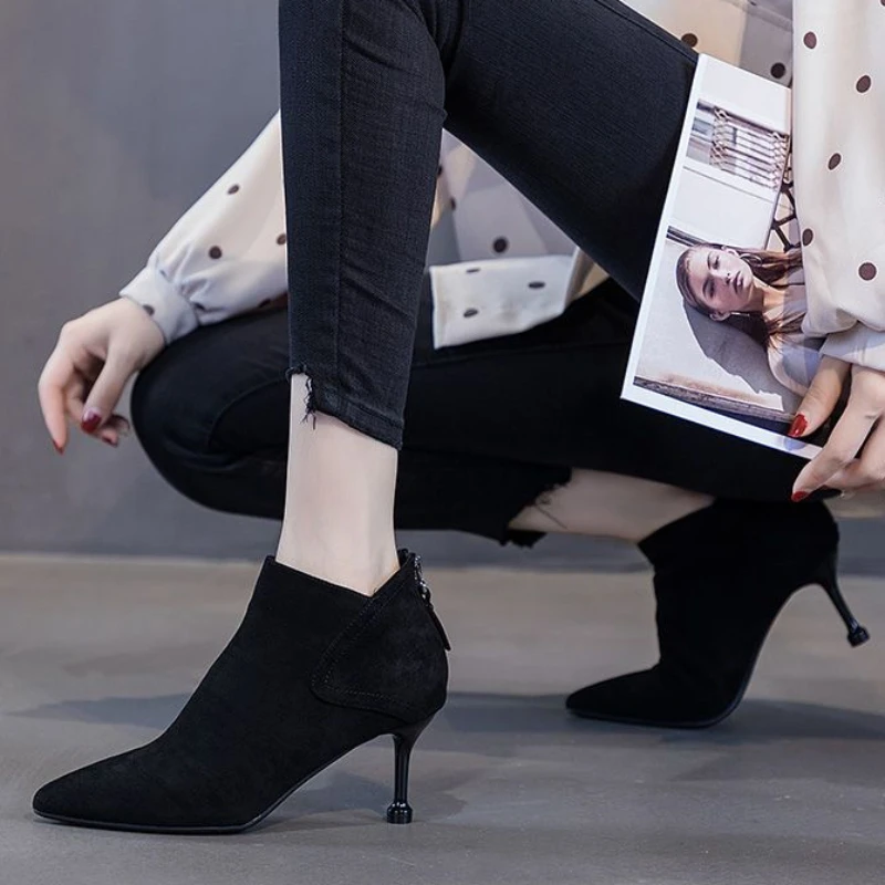 Footwear Work Booties Black Female Ankle Boots Suede Pointed Toe Short Shoes For Women On Offer Korean Style Y2k Pu Autumn Boot