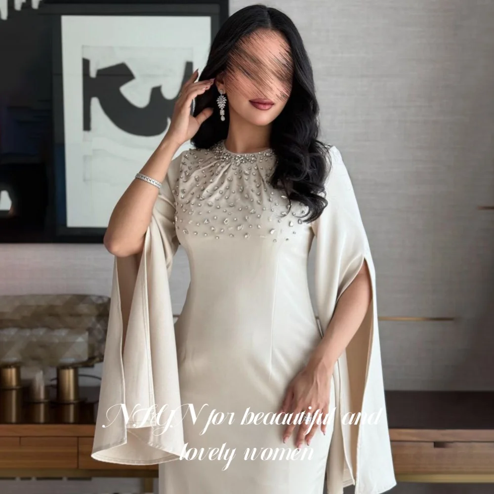 

NFYN Ivory O-Neck Long Stain Crystal Formal Dinner Dress Mermaid Puffy Regular Sleeve Night Dress Pleat Evening Gown Customized