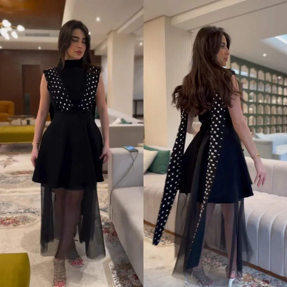 Customized Homecoming Jersey Sequined Ruched A-line High Collar Bespoke Occasion Gown Midi Dress Evening Saudi Arabia for Women