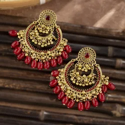 Retro Women Indian Earrings Jhumka Jewelry Bohemian Ethnic Hollow Earrings Vintage Red Crystal Beads Bell Tassel Earrings Female