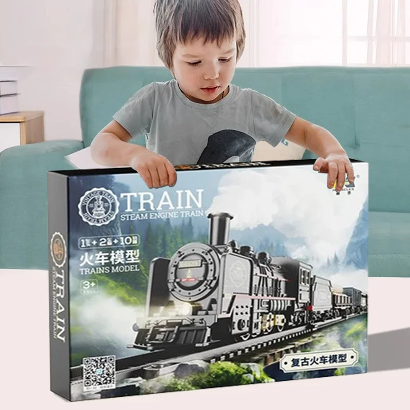 전기 기차 트랙 세트 조명 소리 레트로 시뮬레이션 레일 자동차 모델 어린이 철도 장난감 어린이 크리스마스 선물 교육