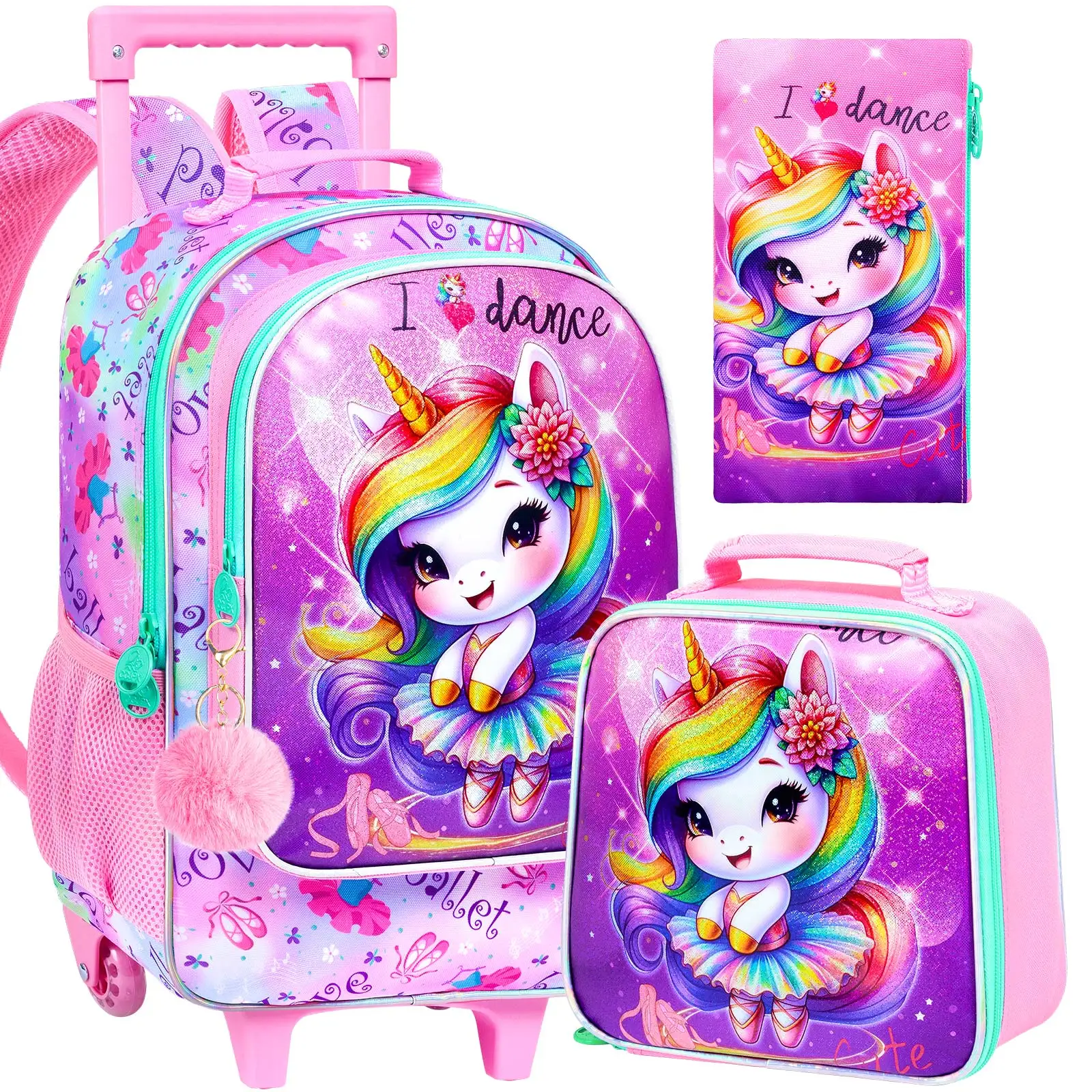 

3PCS Rolling Backpack for Girls, Kids Roller Wheels Bookbag, Wheeled School Bag with Lunch Bag - Unicorn Pink
