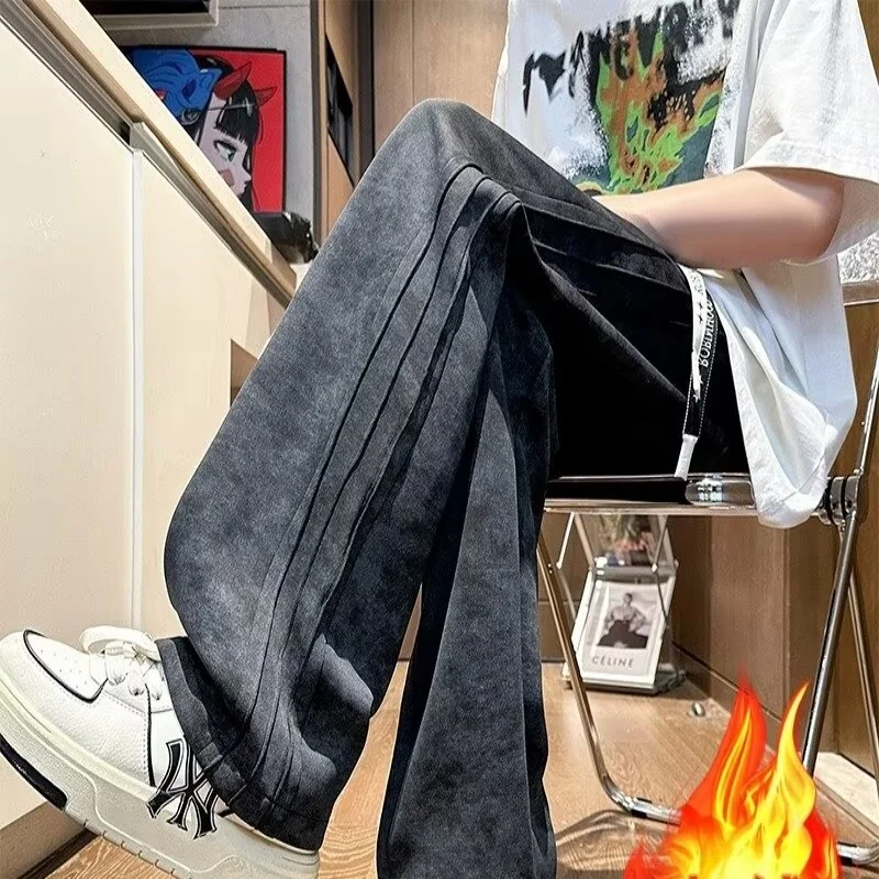 

Sports sweatpants with fleece, new loose straight leg pleated casual pants