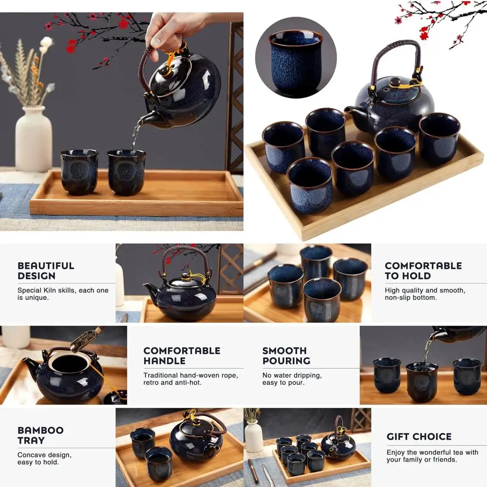 

Изысканный синий фарфоровый чайный сервиз для 6 персон с глазурью, изготовленной методом обжига, включая чайник, чашки и поднос