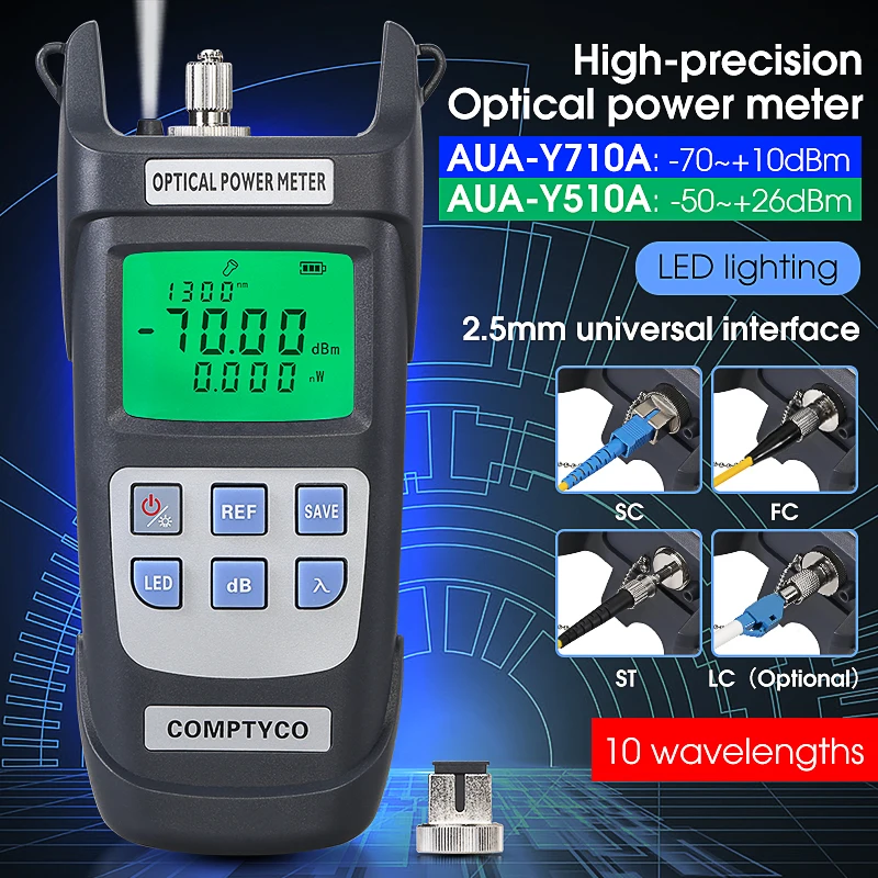 

Измеритель оптической мощности COMPTYCO AUA-Y710A/Y510A, тестер оптоволокна, инструмент для тестирования оптоволоконных кабелей FTTH -70~+10дБм/-50~+26дБм OPM
