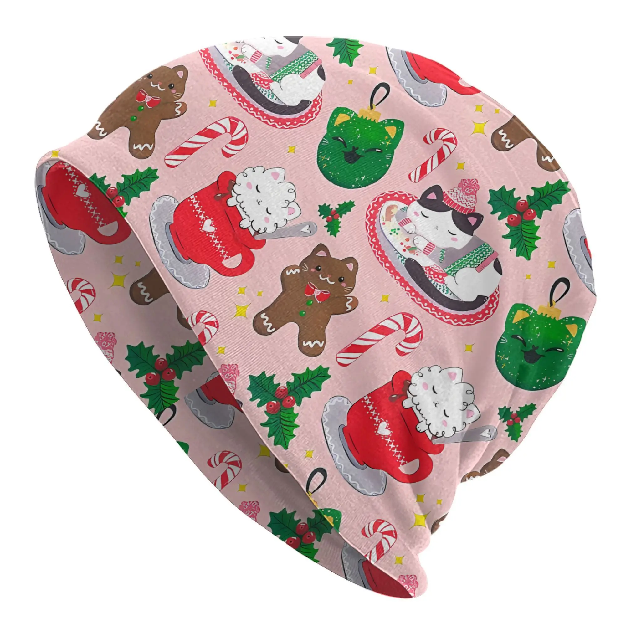 

Festive Cat Christmas Beanie Hat for Men - Funky Holiday Design with Gingerbread Cats, Candy Canes Snowflakes