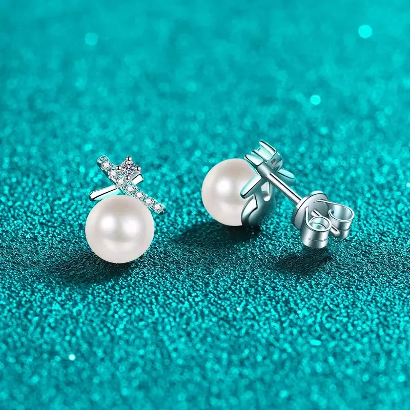 Women's Cross Design Simple Platinum Earrings with 6mm Freshwater Pearl,  Sparkling10 Points Moissanite PT950 Ear Studs Gifts