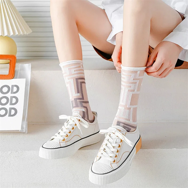 Fashion Women Socks Summer Mesh Thin Long Printed Socks Women Casual Breathable Fresh Flower Korea Style Cute Kawaii Socks