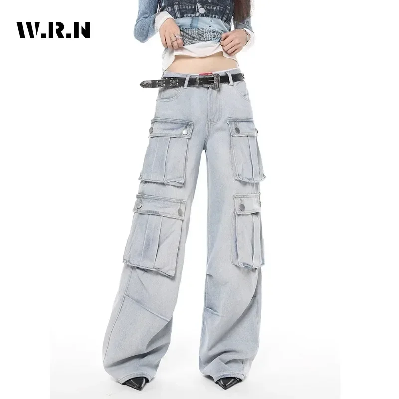 

Vintage Casual High Waist High Street Style Light Blue Straight Jeans Pants Women's Wide Leg Baggy Y2K Pockets Denim Trouser