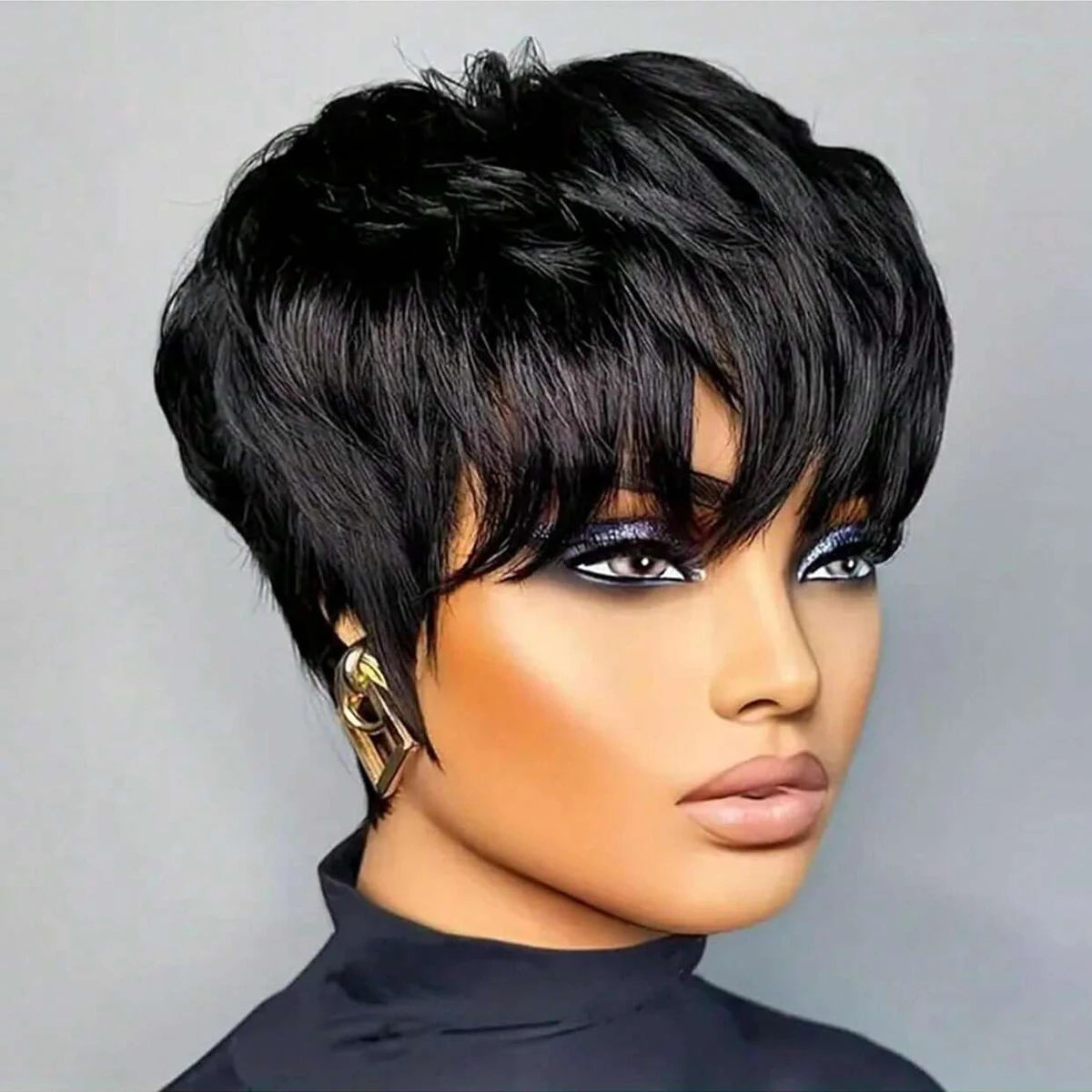 Short Bob Wig ForWomen Pixie Cut Wigs Glueless Wig None Lace Front Wig With Bangs Natural Black Straight Synthetic Wig
