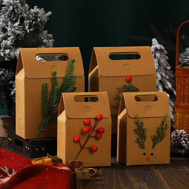 크리스마스 선물 크라프트 종이 가방, 갈색, 20.00x14.00x8.00 cm, 투명 창, 크라프트 종이, 1개, 만화 핸드백, 간식