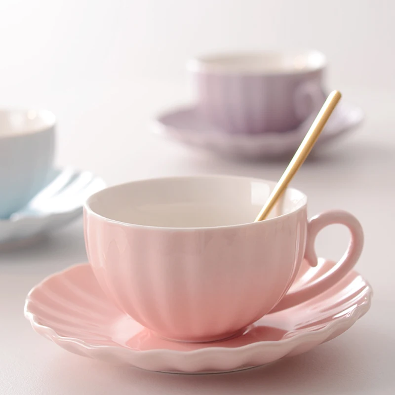 Ceramic Coffee Cups And Saucers Set Exquisite Afternoon Tea Drinkware Household Solid Colour Latte Cups Snack Plate