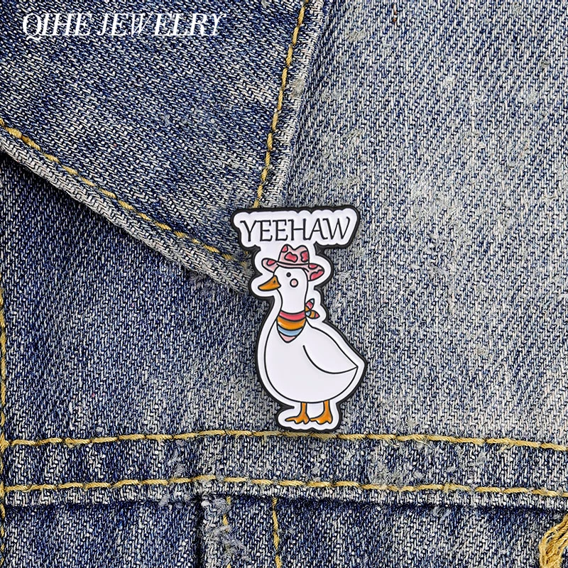 Yeehaw Western Cowboy Goose Enamel Pin Cartoon Goose Pink Cowboy Hat & Rainbow Neck Scarf Brooch Retro Jewelry Bag Lapel Badge