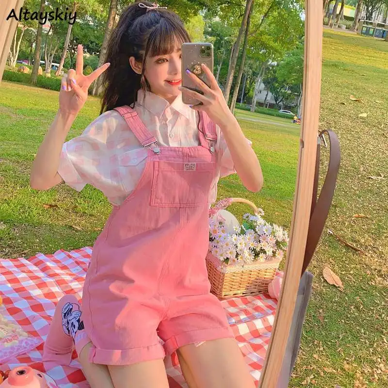 Rompers Women Purple Pink Suspenders Denim Vacation Sweet Girls Cute Korean Style Overalls Femme Clothing Lovely Lady Fashion