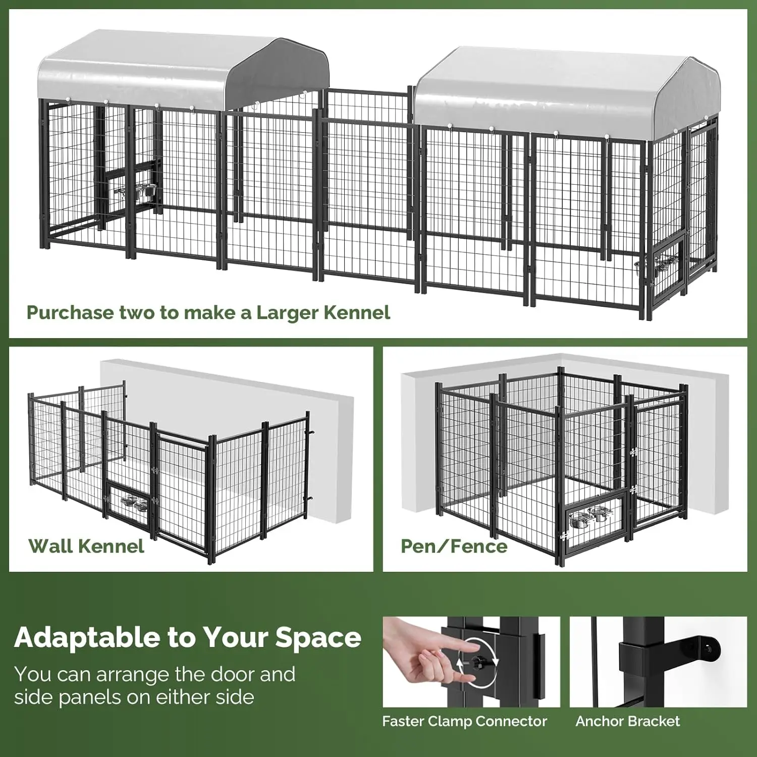 2PCS Outdoor Dog Kennel Outside Run with Doggy Door Bowls&Roof 5x5x5 Large Dog Kennels Pens Outside for Medium/Large