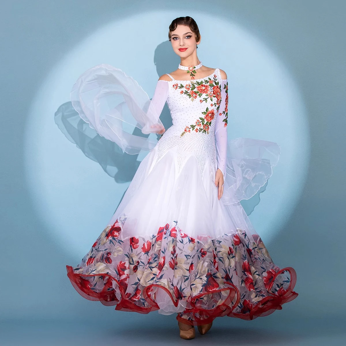 Frauen Modern Dance Strass Farbvielfalt Rot Blumen Kleid Ballsaal National Standard Walzer Wettbewerb Leistung